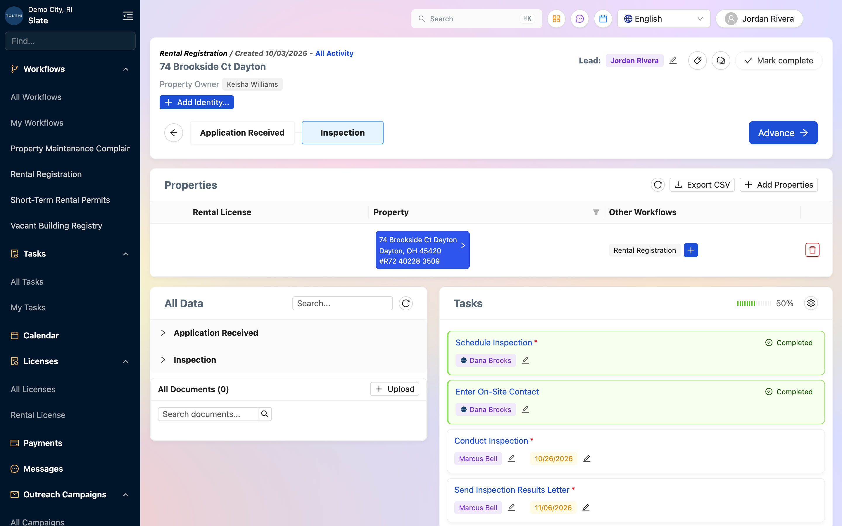 Slate rental registration workflow for a property at the inspection stage, with linked owner and task progress