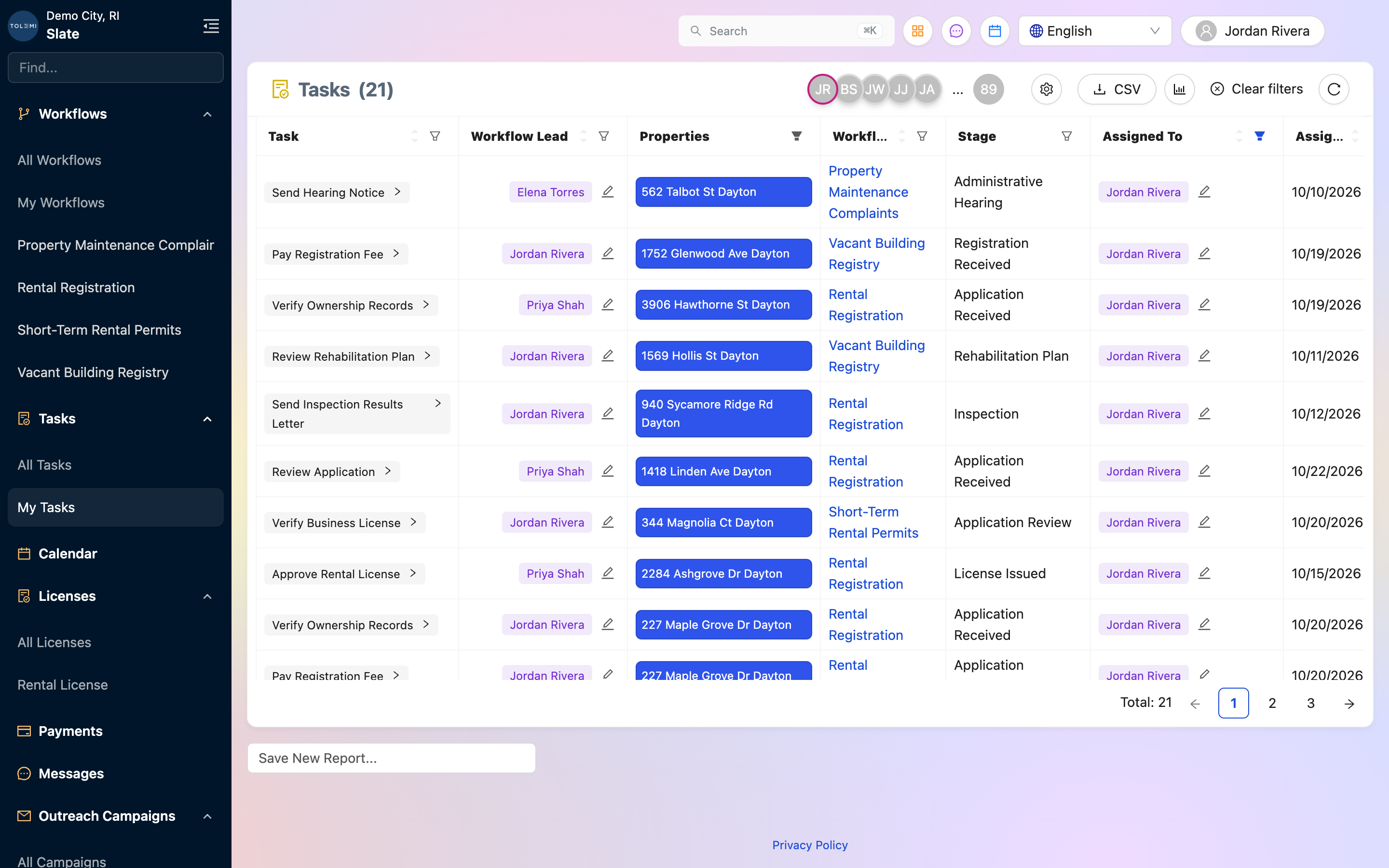 Slate task list showing assigned tasks across rental registration, vacant building, and property maintenance workflows